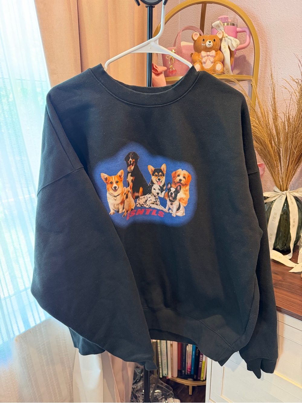 Black Crewneck Sweatshirt with Puppy Graphic